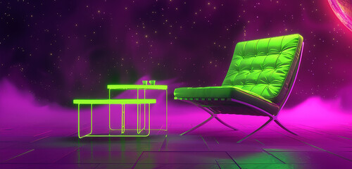 A neon green, modernist chair and table, glowing softly against a dark, cosmic purple background, creating a scene that's vibrant and full of energy. 32k, full ultra hd, high resolution