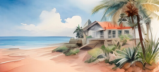 A serene watercolor illustration of a beach with a cozy wooden cabin surrounded by lush greenery, palm trees.