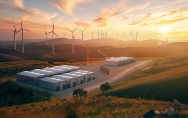 Advanced battery storage facility storing excess renewable energy for grid use - obrazy, fototapety, plakaty