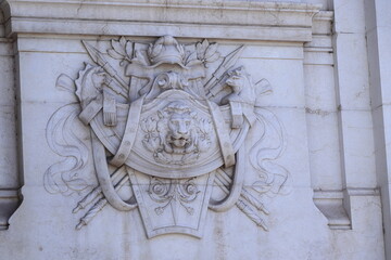 Sculpted Detail Depicting a Lion Head, Shields and Spears at the Vittoriano War Memorial in Rome, Italy