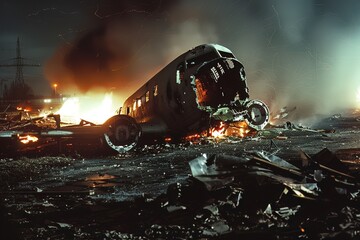 Aftermath of an airfield tragedy, with the urgent glow of a burning wreckage - obrazy, fototapety, plakaty