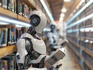 AI-powered personal assistant robots organizing books in a futuristic library, demonstrating advanced categorization skills