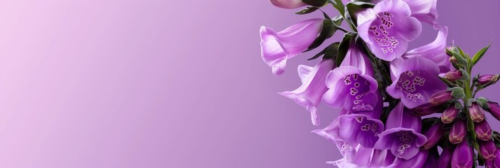 A serene collection of purple digitalis flowers against a calm solid colored backdrop perfect for text - obrazy, fototapety, plakaty