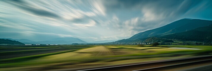 A fast-moving landscape scene under a dramatic cloudy sky creates a sense of motion and change - obrazy, fototapety, plakaty