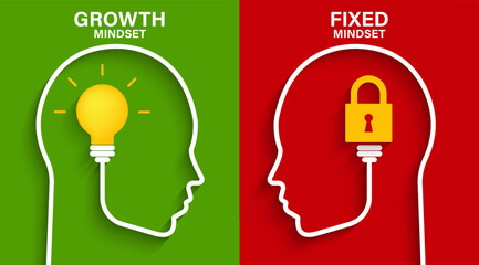 Mindset concept with head silhouette. Heads of two persons one with growth mindset vs fixed mindset. Vector illustration design for template design, business, infographic, web, brochure and banner.