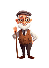 Naklejka premium Cartoon illustration of a kindly elderly man with glasses and a mustache, dressed in a classic vest and tie. Generative AI