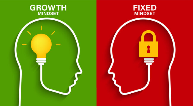 Mindset concept with head silhouette. Heads of two persons one with growth mindset vs fixed mindset. Vector illustration design for template design, business, infographic, web, brochure and banner.
