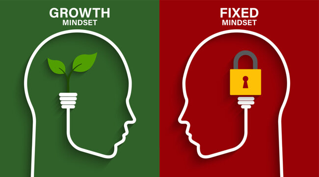 Mindset concept with head silhouette. Heads of two persons one with growth mindset vs fixed mindset. Vector illustration design for template design, business, infographic, web, brochure and banner.