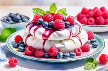 Pavlova cake with raspberries and blueberries on white background