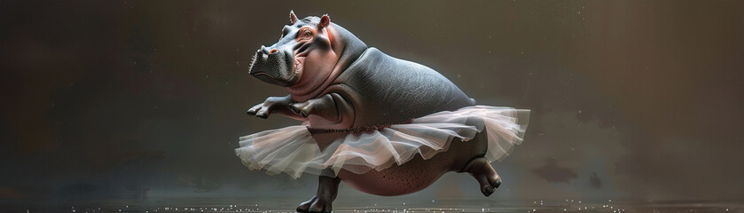 A 3D hippo ballerina gracefully pirouettes in a tutu, her size belied by her delicate, floating dance moves