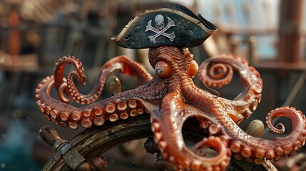 Fototapeta premium A 3D octopus wearing a pirate hat navigates a sunken treasure map, its tentacles expertly maneuvering the ship wheel