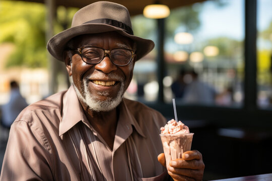 Smiling old man is sitting in a cafe and eating delicious ice cream