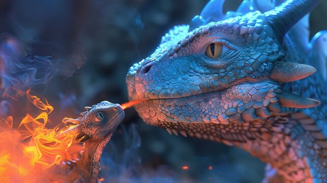 A 3D baby dragon attempts to breathe fire, resulting in adorable puffs of smoke, under the watchful eye of its mother