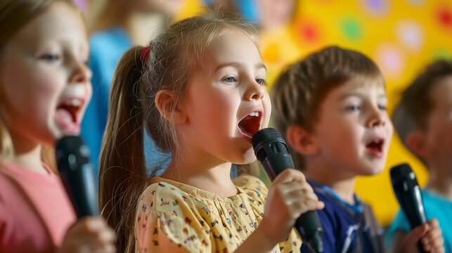 Children Singing with Microphones Captivating Vocal Performance