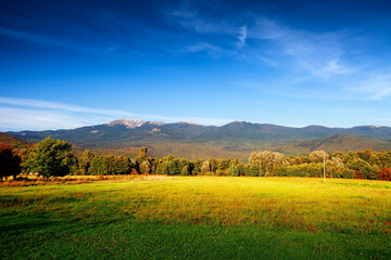 Rural landscape in mountains at sunset time, Croatia