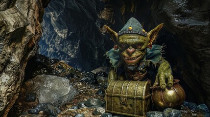 3D goblin with a treasure chest, dark cave setting, room for costume jewelry sale ads - obrazy, fototapety, plakaty