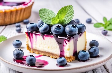 Piece of cheesecake with blueberries and mint on plate - 793958597