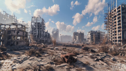 Post apocalyptic city ruins, nuclear fallout landscape scene, radioactive collpase of society, urban destruction.