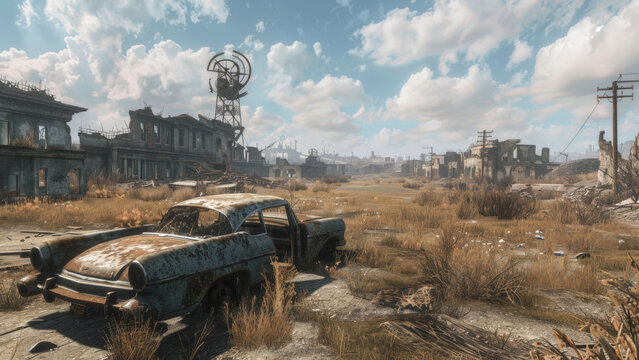 Old car in post apocalyptic city ruins, nuclear fallout landscape scene, radioactive collpase of society, urban destruction.