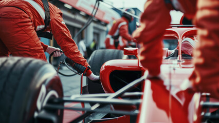 Pit crew mechanics working on red race car at racing track