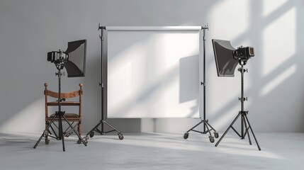 Photo studio with white background, two lights and chair