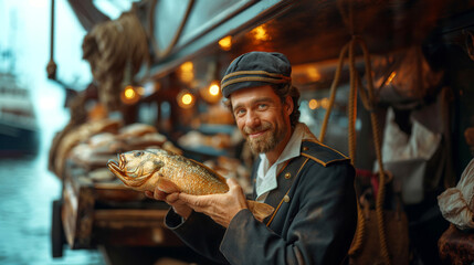Ship captain holding a big fish. Fisherman with a big catch - golden fish. Fishing industry in the Atlantic and Northern Oceans.