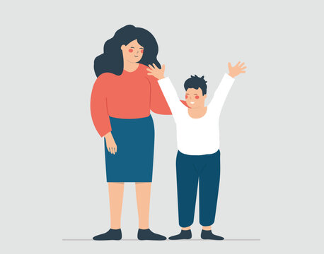 Happy mother hugs her son with love and care. Joyful little boy says hello to the world and feels confident. Mother's day, motherhood, positive parenting and family concept. Vector illustration