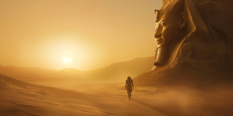In the Egypt desert сlose view pharaoh head sculpture and hieroglyphics. Ancient Egypt fantasy.	
