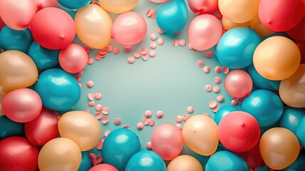 Fototapeta na wymiar Vibrant balloons frame with a blue background
