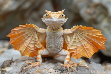 Frilled Lizard: Standing on hind legs with frill extended, illustrating defensive behavior. - obrazy, fototapety, plakaty
