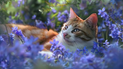 Digital art Japanese Bobtail amid cyclonetossed bluebells visualizing World Health Day