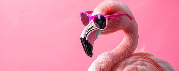 Funny Flamingo with Trendy Sunglasses concept background with copy space for text - obrazy, fototapety, plakaty