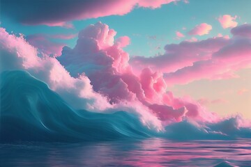 Wave of water and clouds in pastel colors and a pink and blue hues, with a light pink and blue hued background of a white and pink