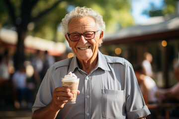 Happy old man eating ice cream in summer park