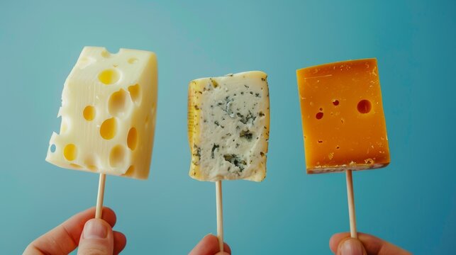 Creative ad-ready image of cheese varieties on a stick, held by a hand against a clean, isolated backdrop, studio lighting for sharp detail