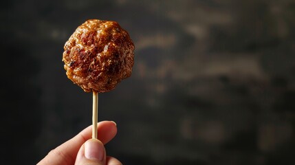 Creative food advertisement featuring a hand holding a meatball stick, highlighting the appetizing look with studio lighting, against an isolated background - obrazy, fototapety, plakaty