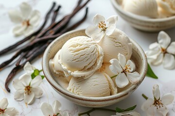 Obraz na płótnie Canvas Vanilla ice cream with flowers and vanilla pods