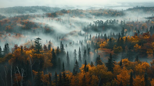 Panoramic view of forest with morning fog, aerial spaces.