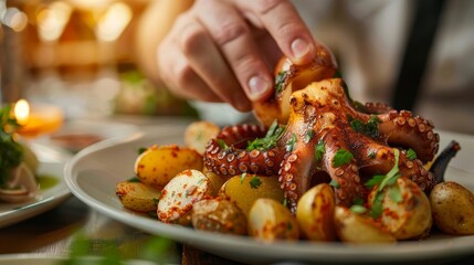 Culinary masterpiece of a hand presenting an octopus over potatoes, ideal for restaurant advertisements, seamless isolated background, studio lighting - obrazy, fototapety, plakaty