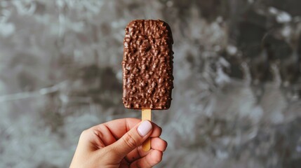 Detailed advertisement image of a hand holding a rich, artisanal chocolate on a stick, from a street food shop, against a simple isolated background