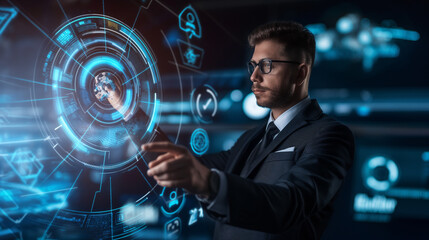 businessman using modern virtual technology for business management, digital business technology, futuristic 