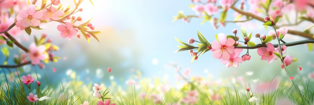 Springtime landscape with blooming Sakura branches and a blue sky with soft focus background of green fields