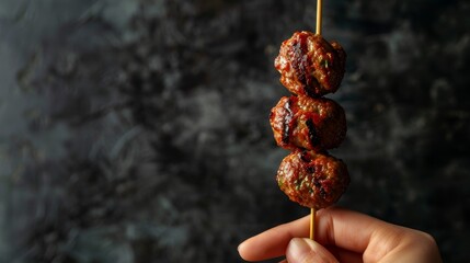 Dynamic ad image of a hand showcasing a meat ball stick, emphasizing the gourmet aspect, staged with precise studio lighting on a stark background - obrazy, fototapety, plakaty