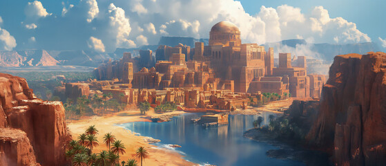 Fantasy landscape. Ancient civilization. Bible background. Babylon, Egypt, Israel. The ruins of an ancient temple.