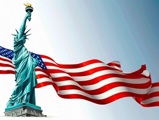 The statue of liberty and the american flag.
