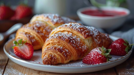 Croissant with strawberry dessert breakfast background.