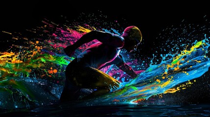 Dynamic silhouette of a male sport swimmer in mid-stroke, vibrant splash color paint surrounding him, isolated on a solid background, studio lighting