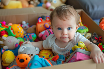 Fototapeta na wymiar A baby reaches into a box of assorted toys - each random choice brimming with the potential for joy and new discoveries