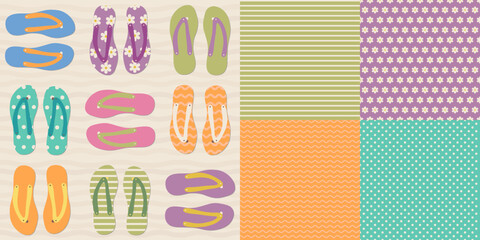 Seamless pattern set of colourful flip flops and matching stripe, polka dot and flower blender patterns.