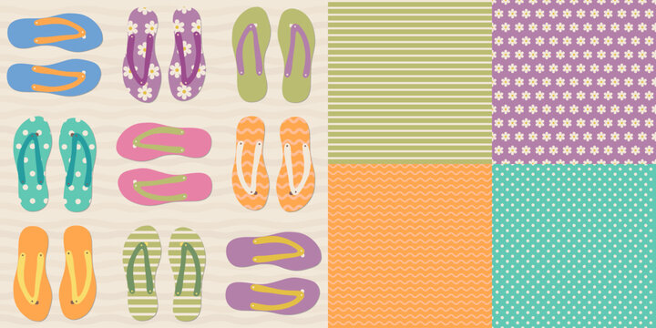 Seamless pattern set of colourful flip flops and matching stripe, polka dot and flower blender patterns.